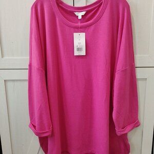 Crown & Ivy Hot Pink Baby Terry Top-3/4 Roll Sleeves -Crew Neck-NWT-4X Plus Size